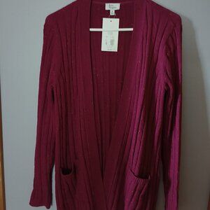 New Women's Kim Rogers Speckled Long Sleeve Cable Knit Cardigan, size M
